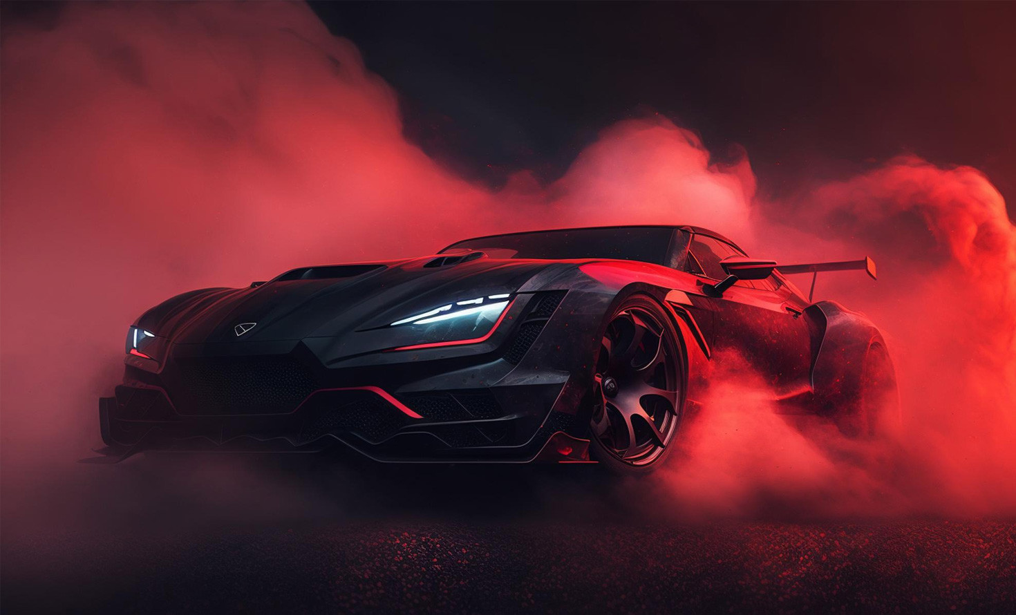 Futuristic sports car enveloped in vibrant red smoke, showcasing sleek design and dynamic lighting.