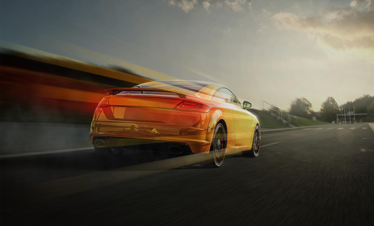 Sleek orange sports car speeding on highway with motion blur, reflecting sunset, showcasing power and performance.