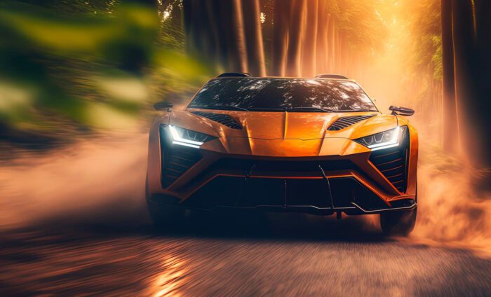 Sleek orange sports car speeding through forest, front view, in motion on a dirt road with dramatic lighting.