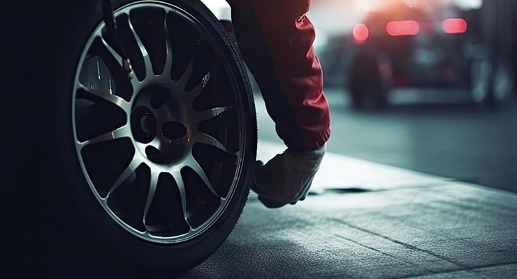 Mechanic inspecting a car wheel in a dimly lit garage, with blurred vehicle lights in the background.