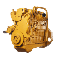 Yellow industrial diesel engine for heavy machinery, detailed view against white background.