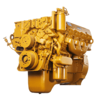 Yellow diesel engine with pulleys and components in view, showcasing industrial machinery and engineering design.