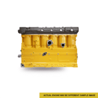 Yellow engine block on white background, sample image of machine part, industrial equipment.