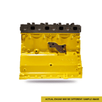 Yellow engine block with metal components, isolated on white background.