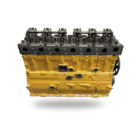 Yellow diesel engine block with multiple cylinders and visible components against a white background.