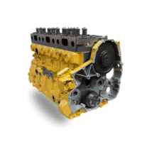 Yellow diesel engine block with visible gears and cylinders, isolated on white background.