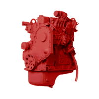 Red automobile engine isolated on white background, showcasing mechanical components and design features.