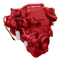 Red diesel engine on white background, showing detailed components and design.