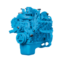 Blue diesel engine on a white background, showcasing industrial automotive machinery design.