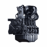 Close-up of a shiny black automotive engine with intricate mechanical details against a white background.