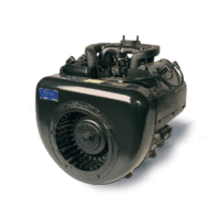 Vintage aircraft engine with black casing and visible mechanical components on white background.