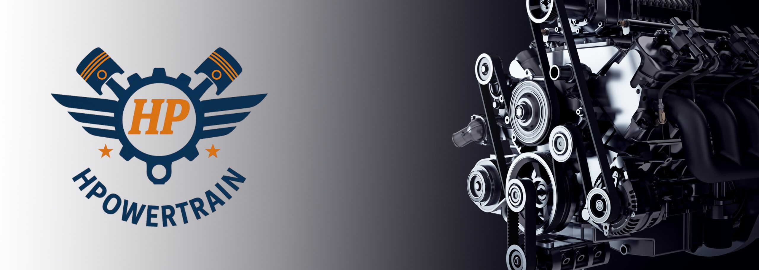 HPowertrain logo beside detailed car engine illustration.